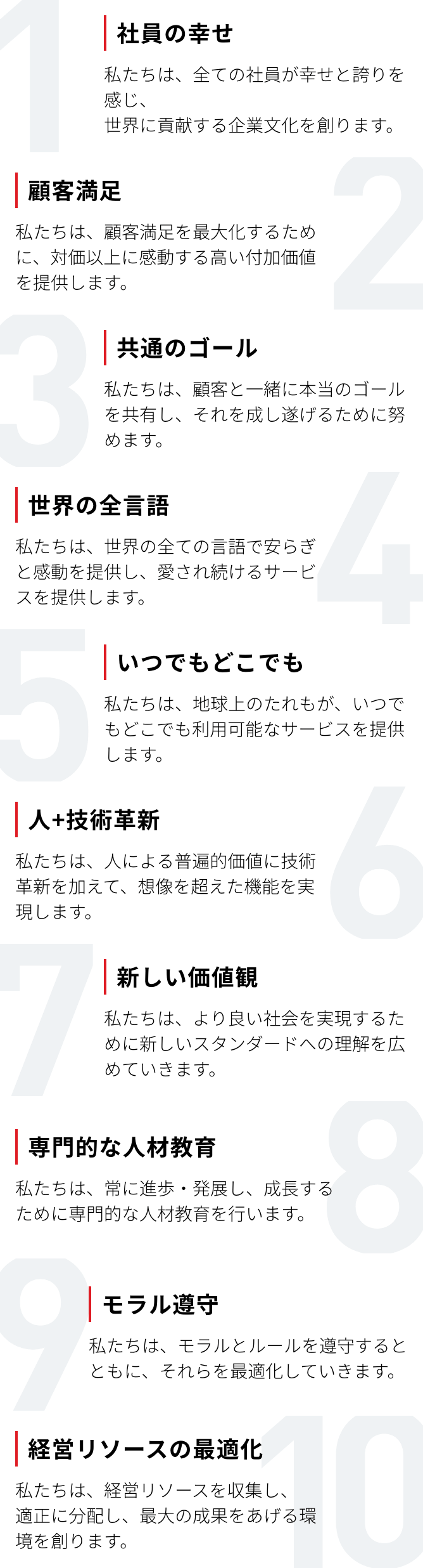 1.社員の幸せ 2.顧客満足 3.共通のゴール 4.世界の全言語 5.いつでもどこでも 6.人+技術革新 7.新しい価値観 8.専門的な人材教育 9.モラル遵守 10.経営リソースの最適化